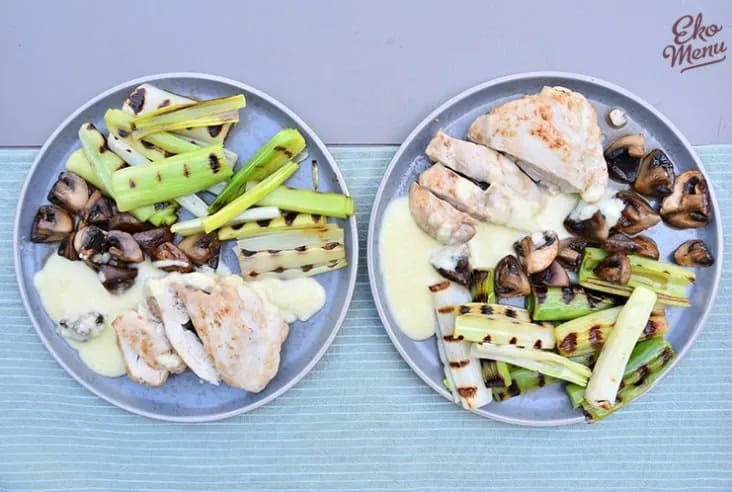Kipdijfilet met champignons en gestoofde prei