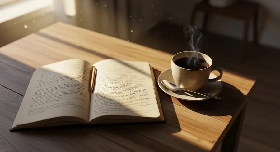 Open dagboek met handgeschreven notities naast koffie