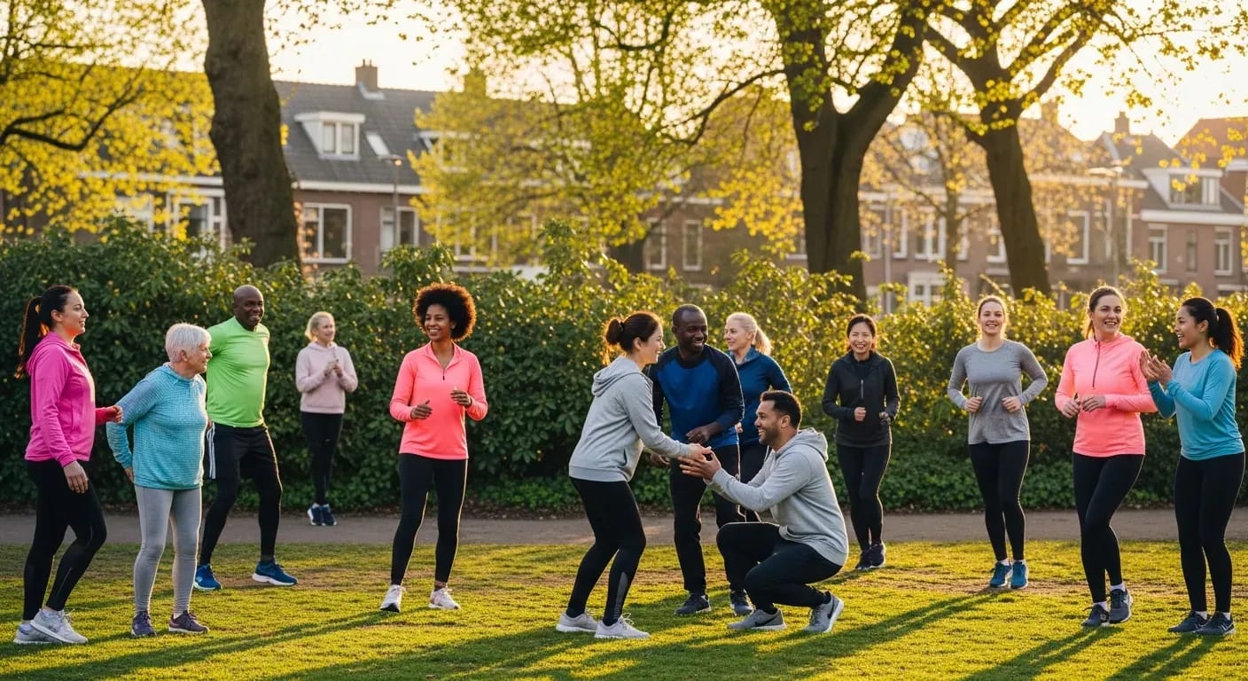Diverse groep mensen sport samen in een Nederlands wijkpark bij zonsondergang