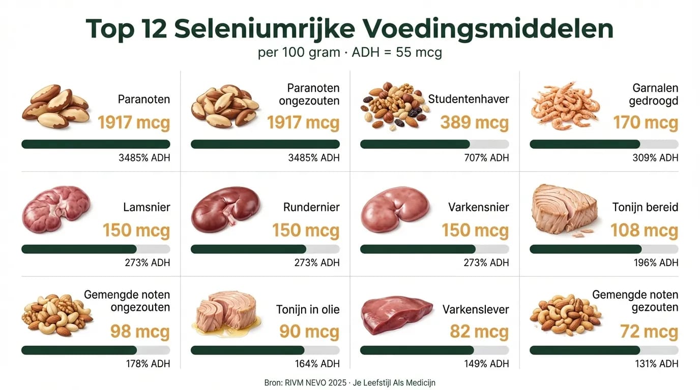 Infographic: Top 12 Seleniumrijke Voedingsmiddelen per 100 gram met ADH-percentages