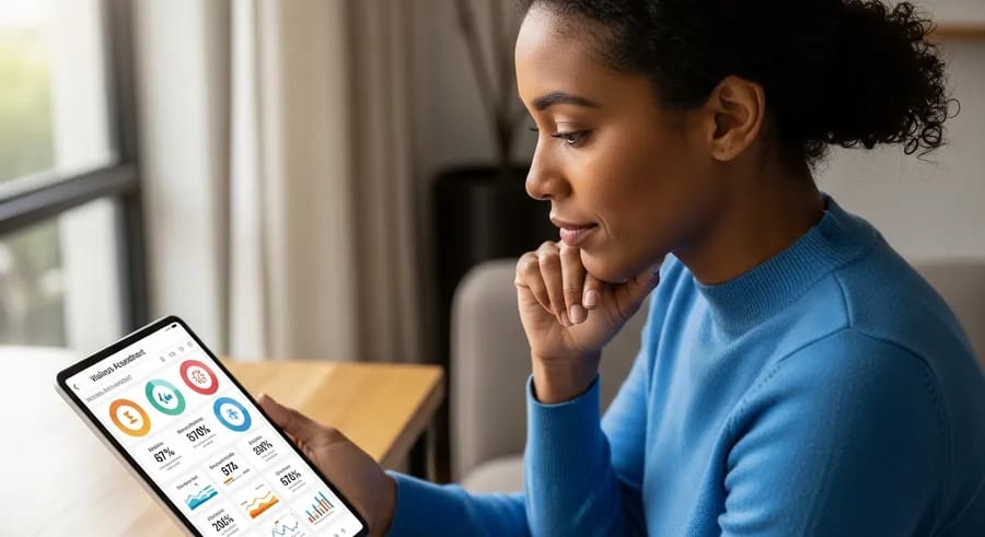 Persoon bekijkt nadenkend wellness assessment op tablet