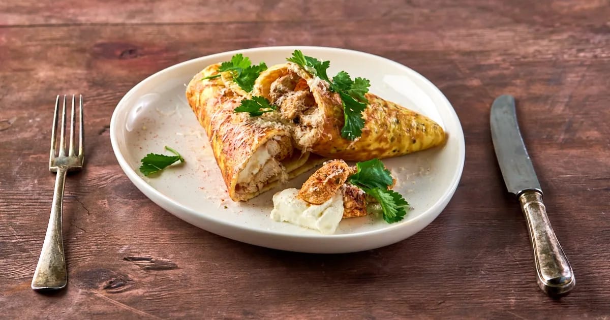 Kaas-ei tortilla gevuld met Mexicaanse kip