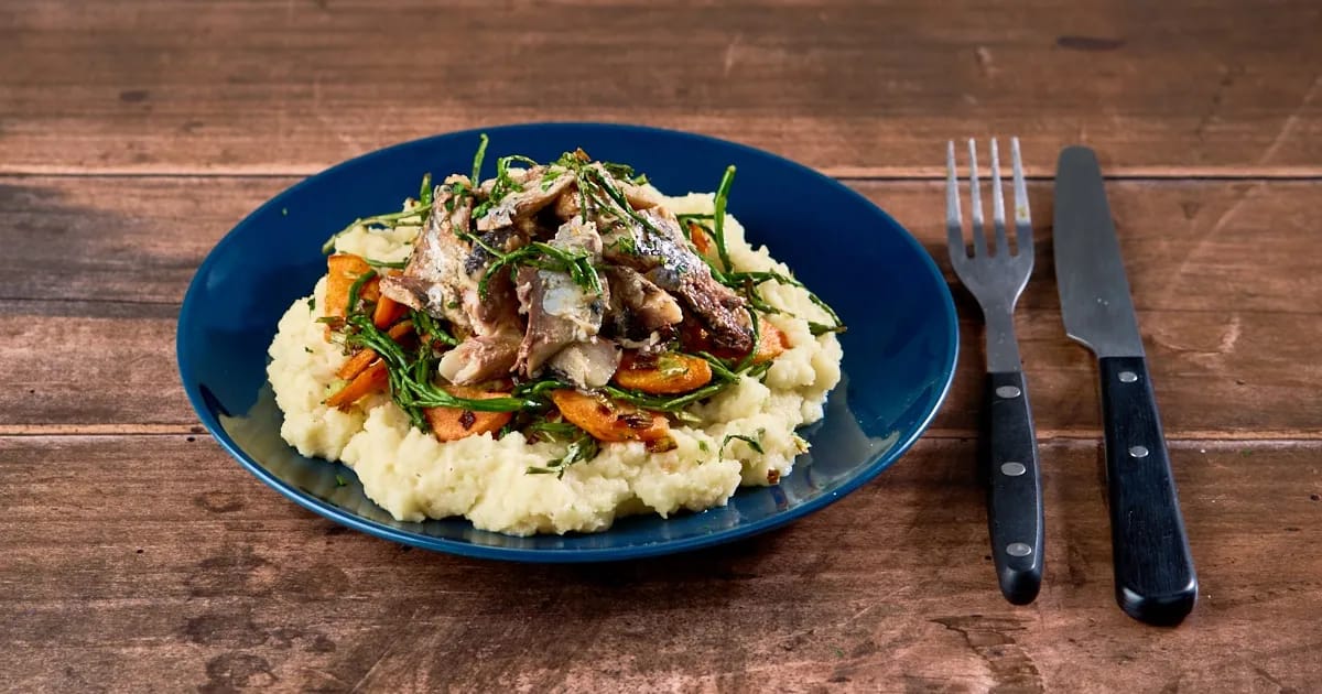 Pastinaak-Knolselderijpuree met Sardientjes en Zeekraal