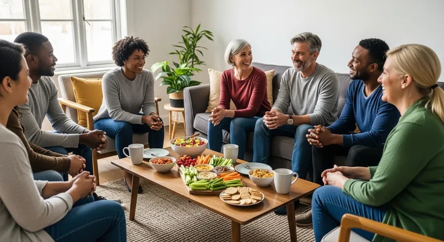 Diverse groep mensen in gezellig gesprek