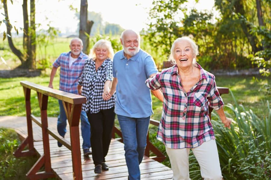 oudere mensen lopend over een bruggetje in de natuur hand in hand